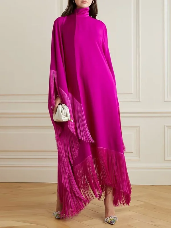 Batwing Sleeves Loose Solid Color Split-Joint Tasseled High Neck Evening Dresses Maxi Dresses