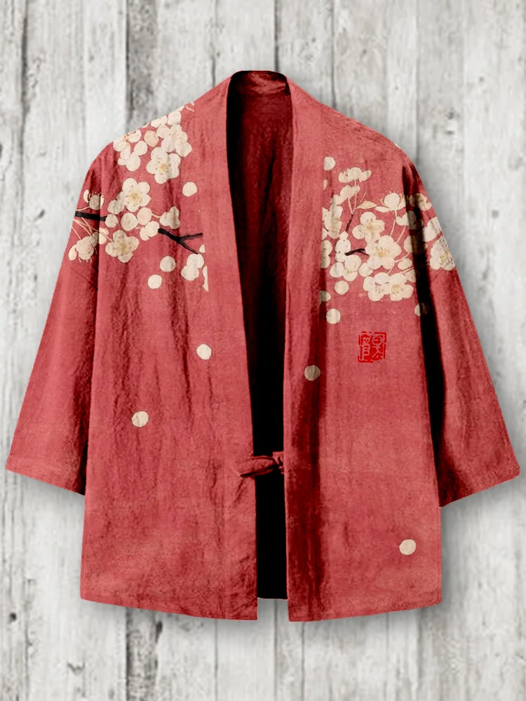 Comstylish Plum Blossom Japanese Art Linen Blend Kimono Cardigan