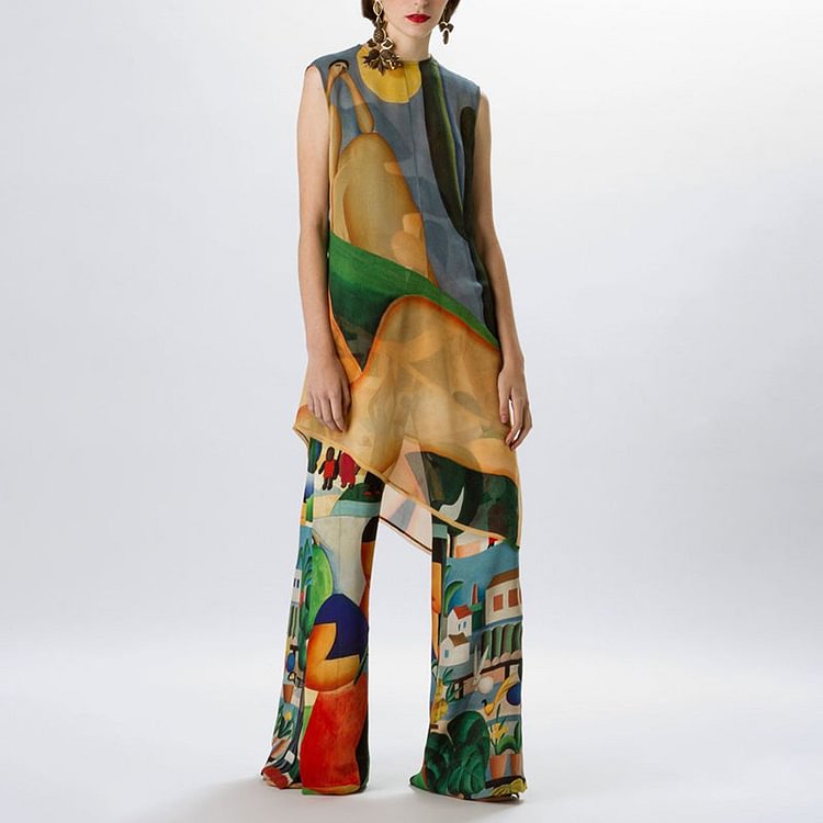VChics Sleeveless Asymmetric Tunic Print Pants Two-piece Set