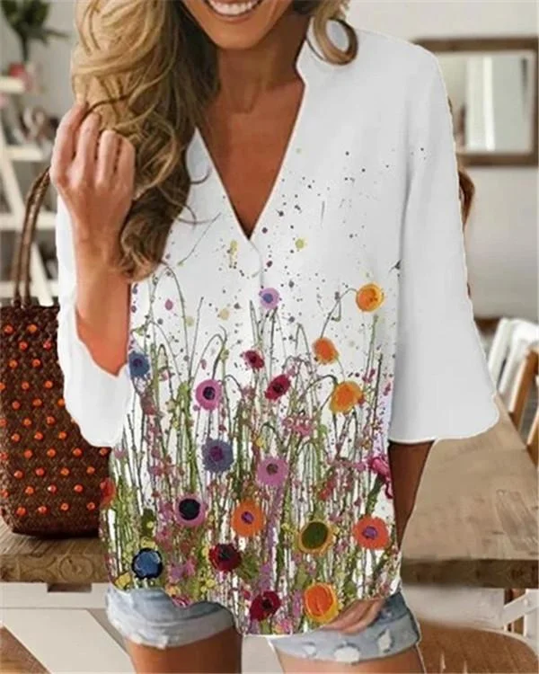 White Printed Cotton Half Sleeve Patchwork Shirts & Tops