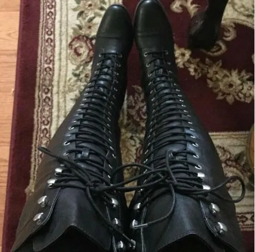 VCSHOES Girls Black Leather Cross Over The Knee Flat Boots Woman Zipper Side Round Toe Long Knight Botas Shoes Size 46