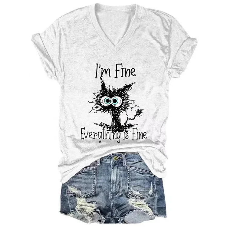 Black Cat Print Pullover Loose T-Shirt V Neck Ladies Top socialshop