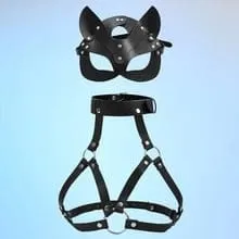 pornhint Pornhint Women Bondage Body Harness Lingerie Goth Crop Tops Cage Bra Lingerie Leather Harness Belt With Mask Rave Wear for Women Sex Set