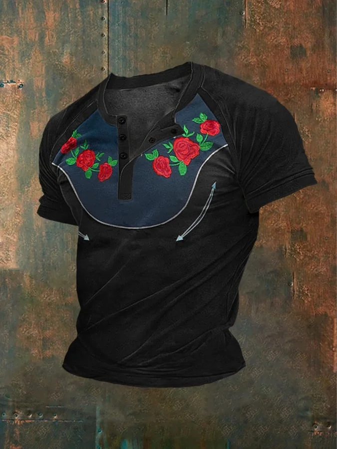 Mens Western Style Floral Print Henley Neck T-Shirt