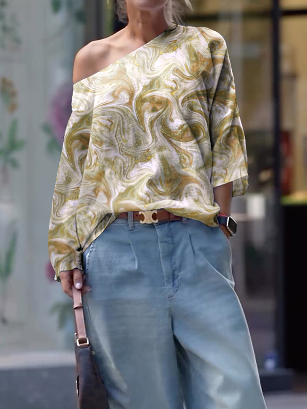 Long Sleeves Loose Printed One-Shoulder T-Shirts Tops