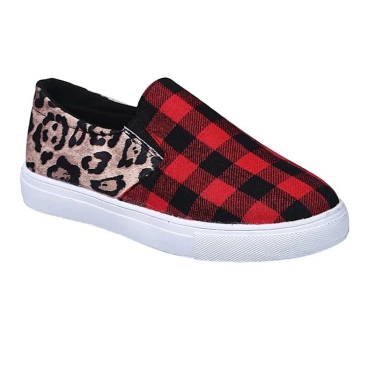 Women's Red & Black Plaid Leopard Slip-On Flat Shoes