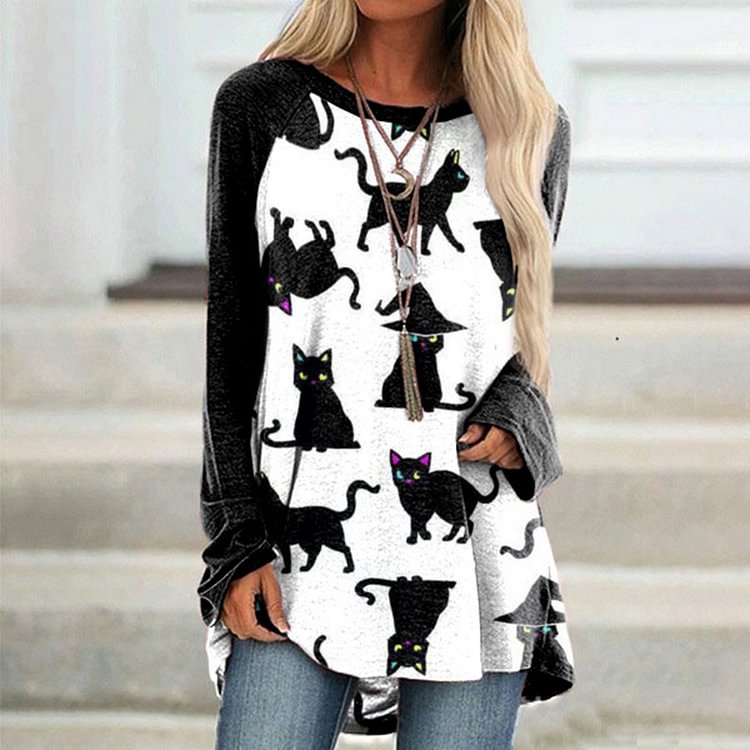 Vefave Witch Cat Print Long Sleeve Tunic