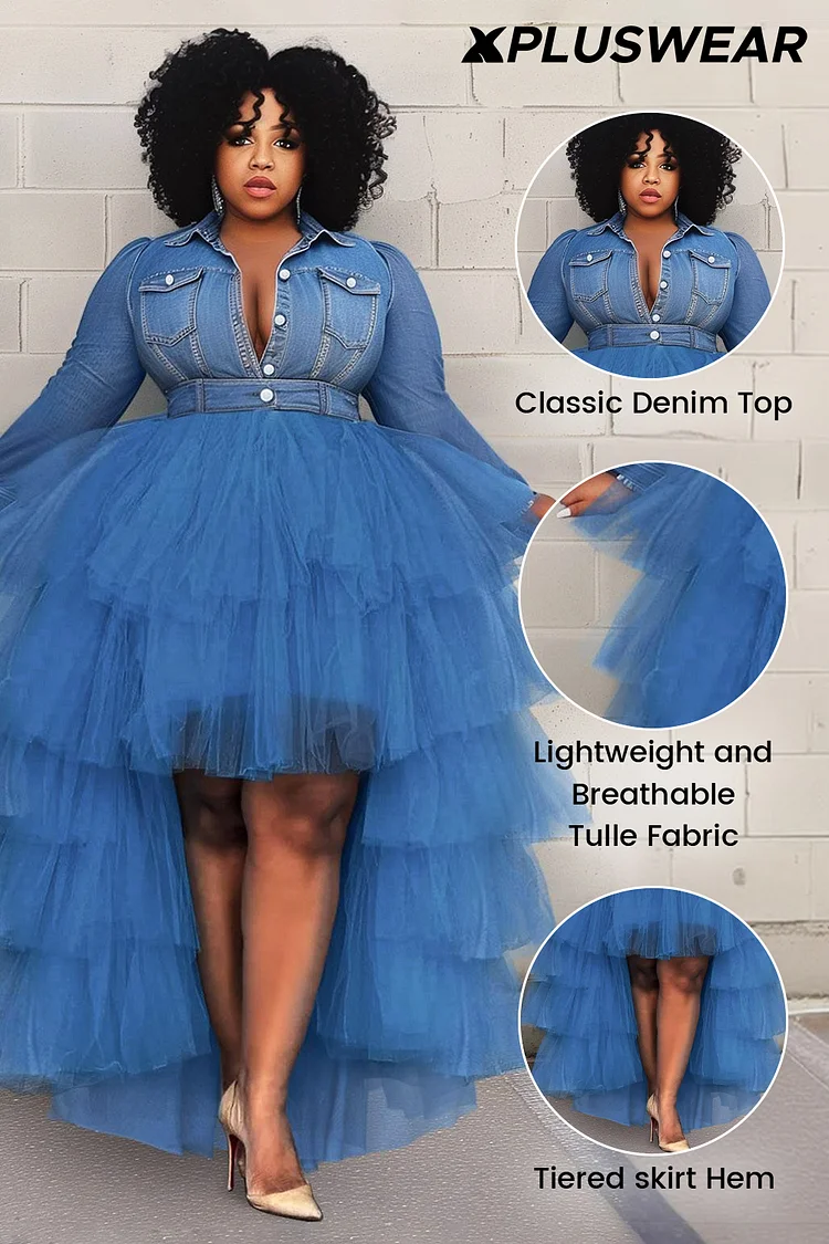 Xpluswear Design Plus Size Daily Blue Tiered Tencel Denim Tulle Two