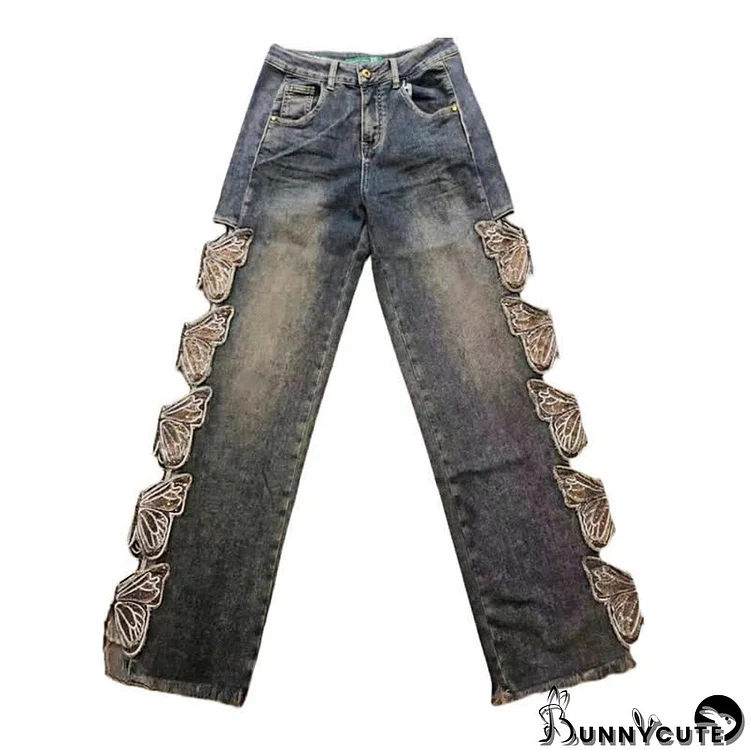 Butterfly Embroidery Hollow Out Straight Casual Denim Pants