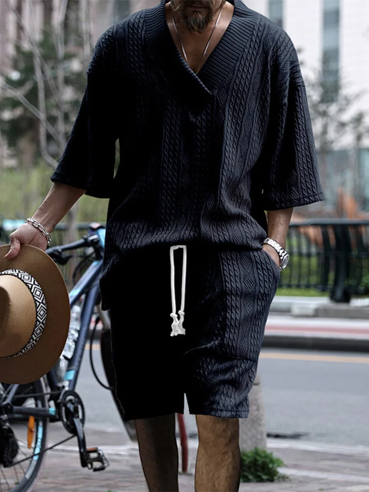 Men's Retro Jacquard Knit V Neck 3/4 Sleeve Shirt Drawstring Shorts Two Piece Set