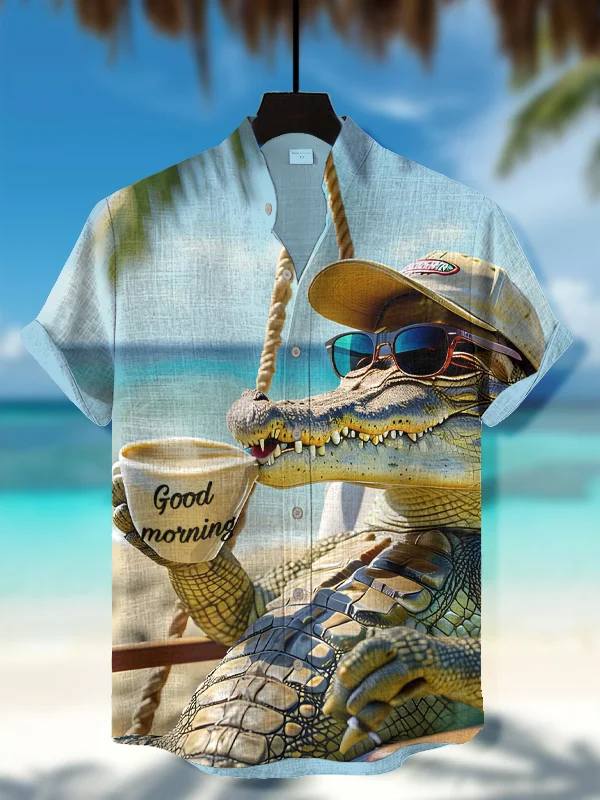 Men's Alligator Drinks Coffee Print Short Sleeve Shirt
