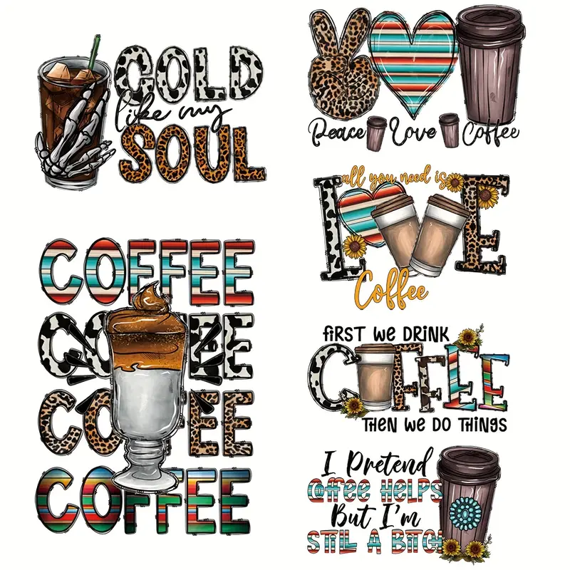 6pcs Cool Coffee Designs DIY Iron On Transfer Stickers For T-shirts Jackets Jeans Fashion Iron On Patches For Clothing-Guru-buzz