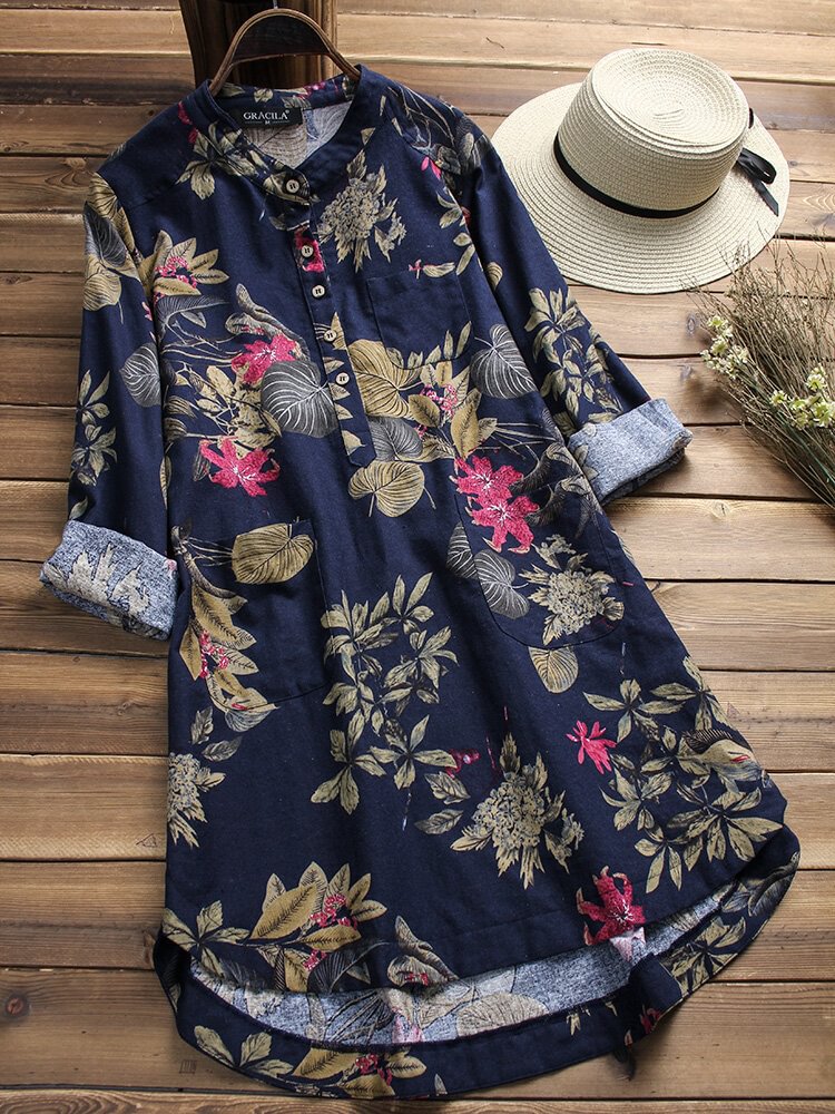 Printed Stand Collar Long Sleeve Casual Button Blouse P1368378