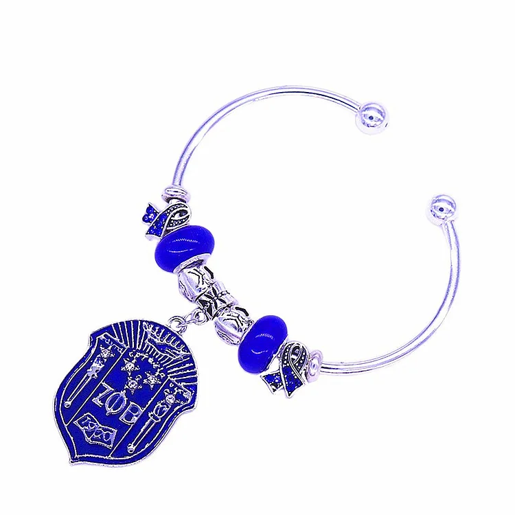 Visionary Design Rhodium Plated Bracelet Greek Letter ZETA PHI BETA Blue Beaded Pendants For Women Club Sorority Cuff Bangle