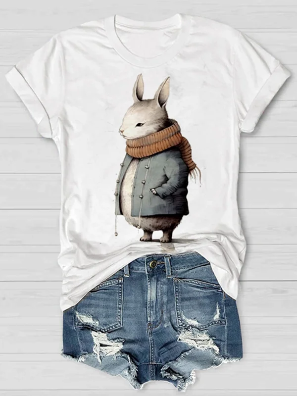 Women's Cute Winter Rabbit Graphic Print Crew Neck T-Shirt