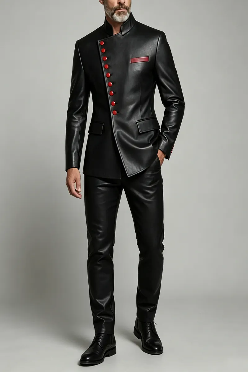 Men's Stand‑collar Black Leather 2-piece Suit – Tailored Luxury