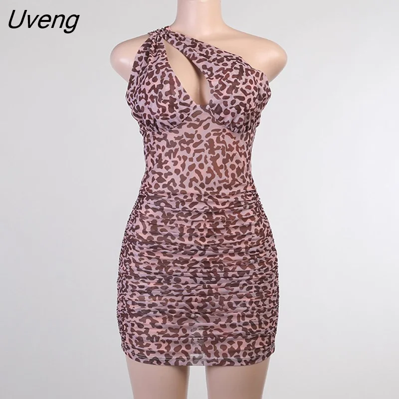 Uveng Leopard Print One Shoulder Dress Women Summer Sleeveless Mini Dresses Ladies Sexy Mesh High Waist Hollow Out Vestidos