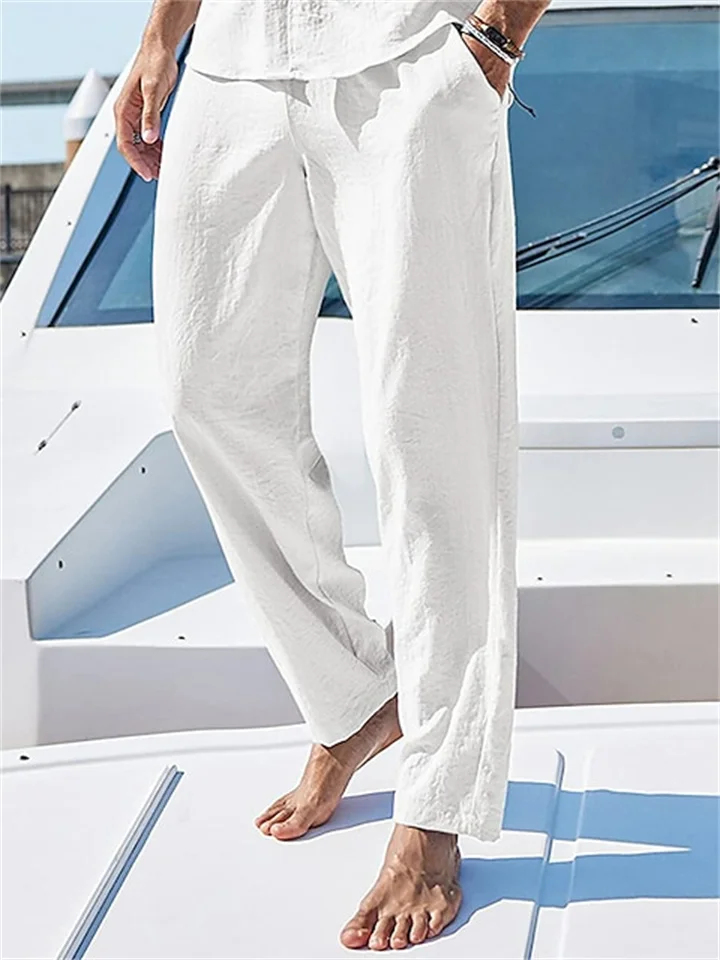 Men's Linen Pants Trousers Summer Pants Beach Pants Drawstring Elastic Waist Plain Comfort Breathable Outdoor Daily Going out Linen / Cotton Blend Fashion Streetwear Black White