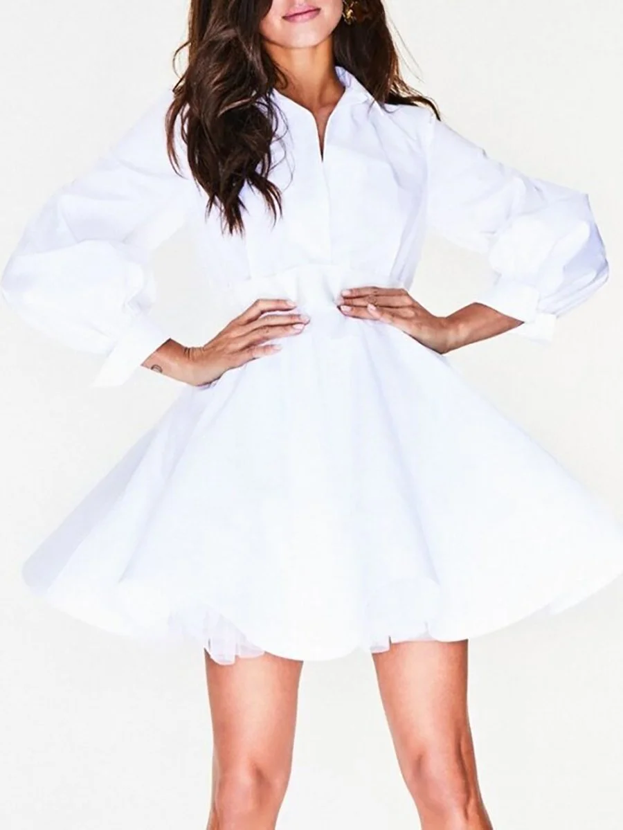 White Lapel A-Line Shirt Dress