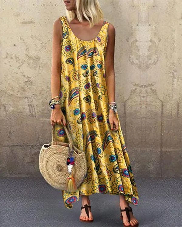 Printed Sleeveless Loose Round Collar Dress