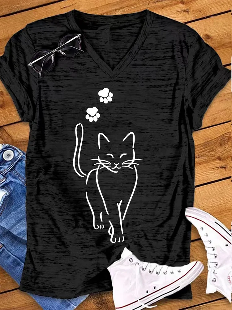 Women's Cute Smiling Cat Paw Print Snowflake Dot T-Shirt socialshop