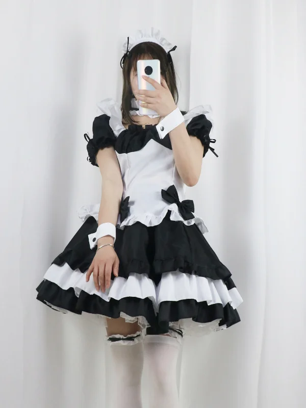 Lolita Square Neck Bubble Sleeve Tiered Bowknot Mini Maid Dress 