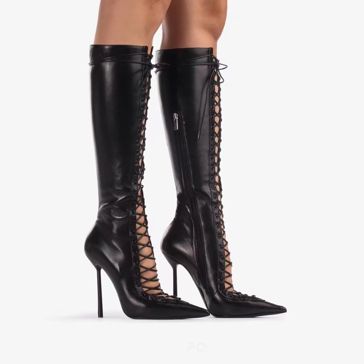 VCSHOES Knee High Boots Pointed Toe Cross Lacing Hollow Out Stiletto Heels Black Matte Leather High Heel Boots