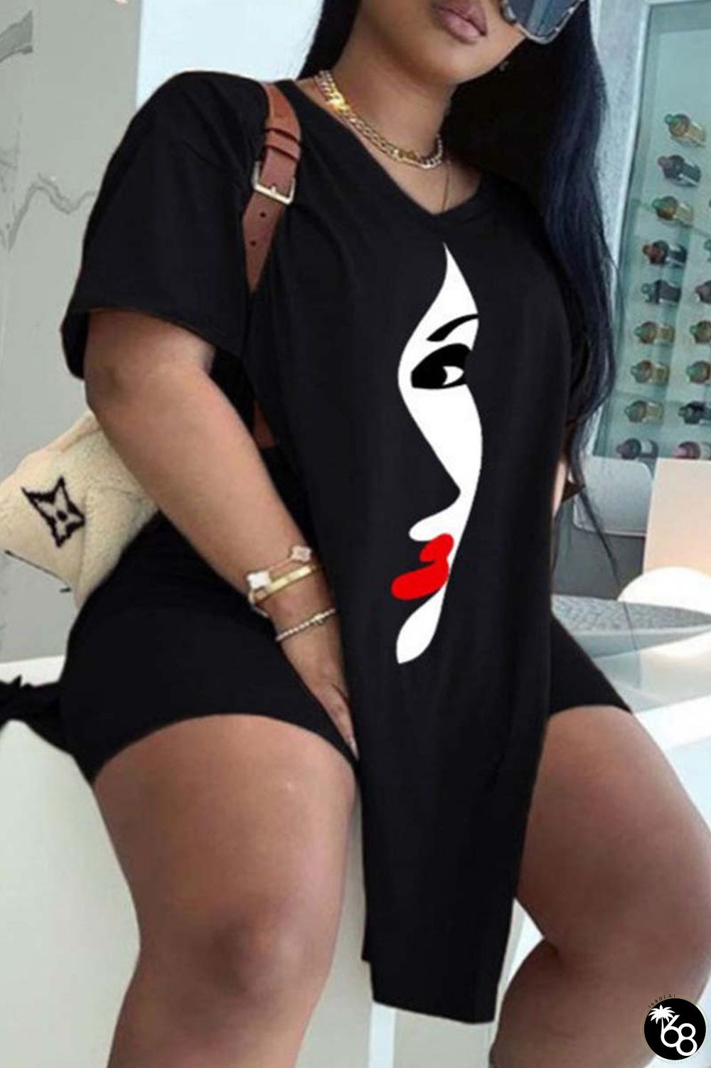 Black White Casual Print Patchwork V Neck Plus Size Two Pieces | 168DEAL