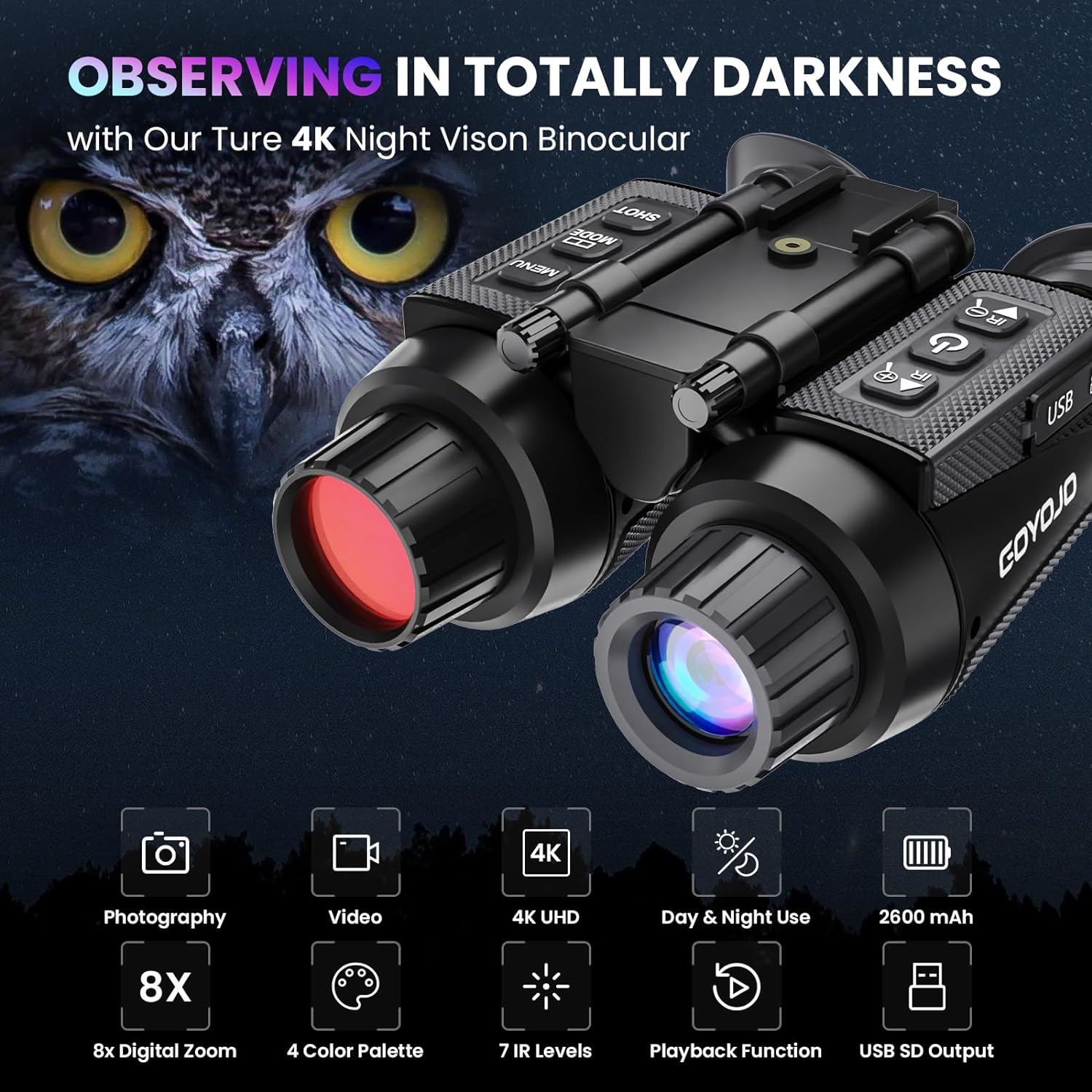 BekinTek Dual Eye 3D View Helmet Mounted Night Vision Binoculars Head Mountable Goggles Rechargeable Optics Telescope IR Full Dark Observing Adjustable Pupil Distance 7x Infrared 8x Digital Zoom 4K Video 36M Photo Independent Diopter Adjust 4 Color Effect 2