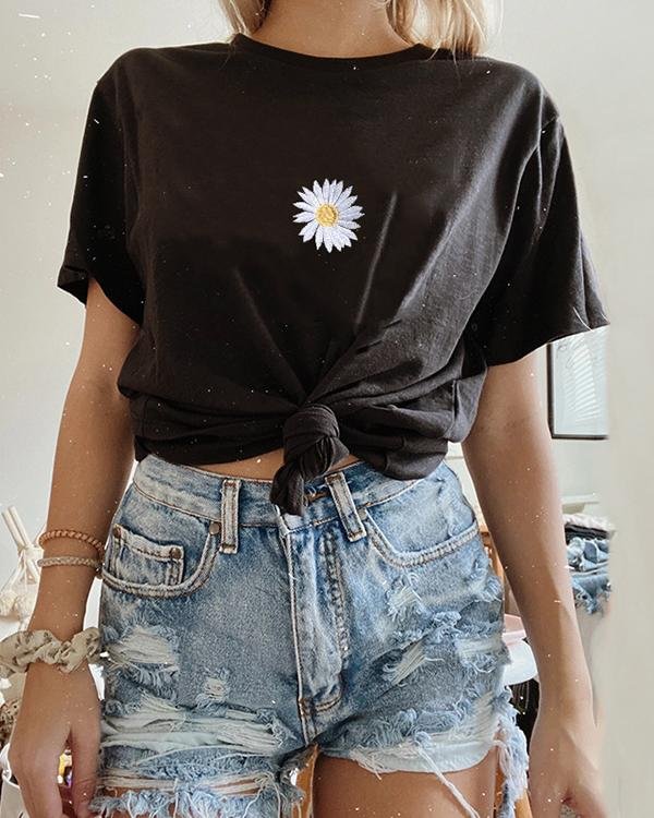 round neck loose wild daisy print t shirt p128382