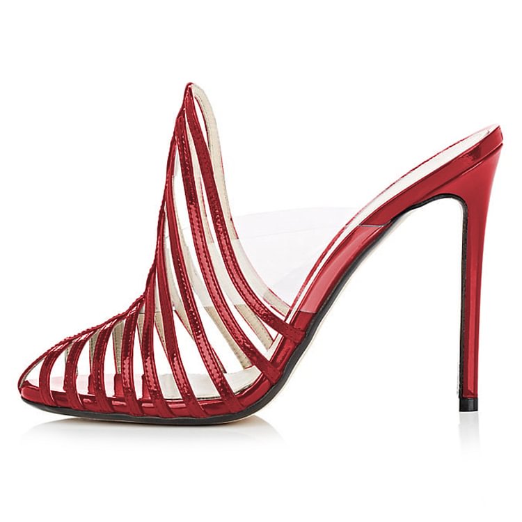FSJ Red Patent Leather and Clear Mule Heels Peep Toe Stiletto Heels |FSJ Shoes