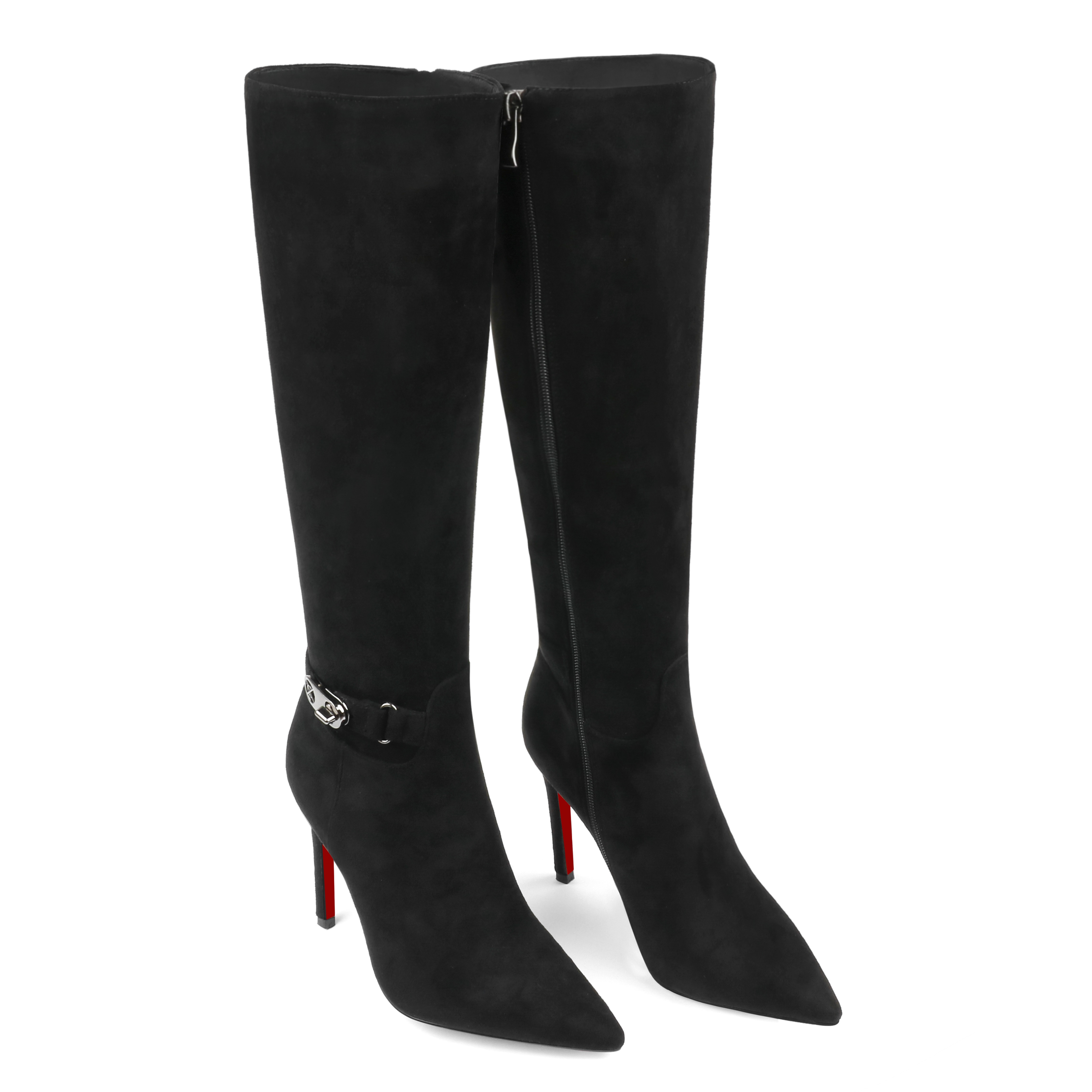 100mm Fashion Zipper Red Bottoms High Heels Metal Buckle Knee Boots
