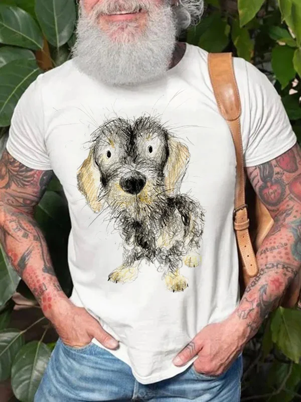 Men's Casual Cute Fluffy Dog Art Print Round Neck T-Shirt