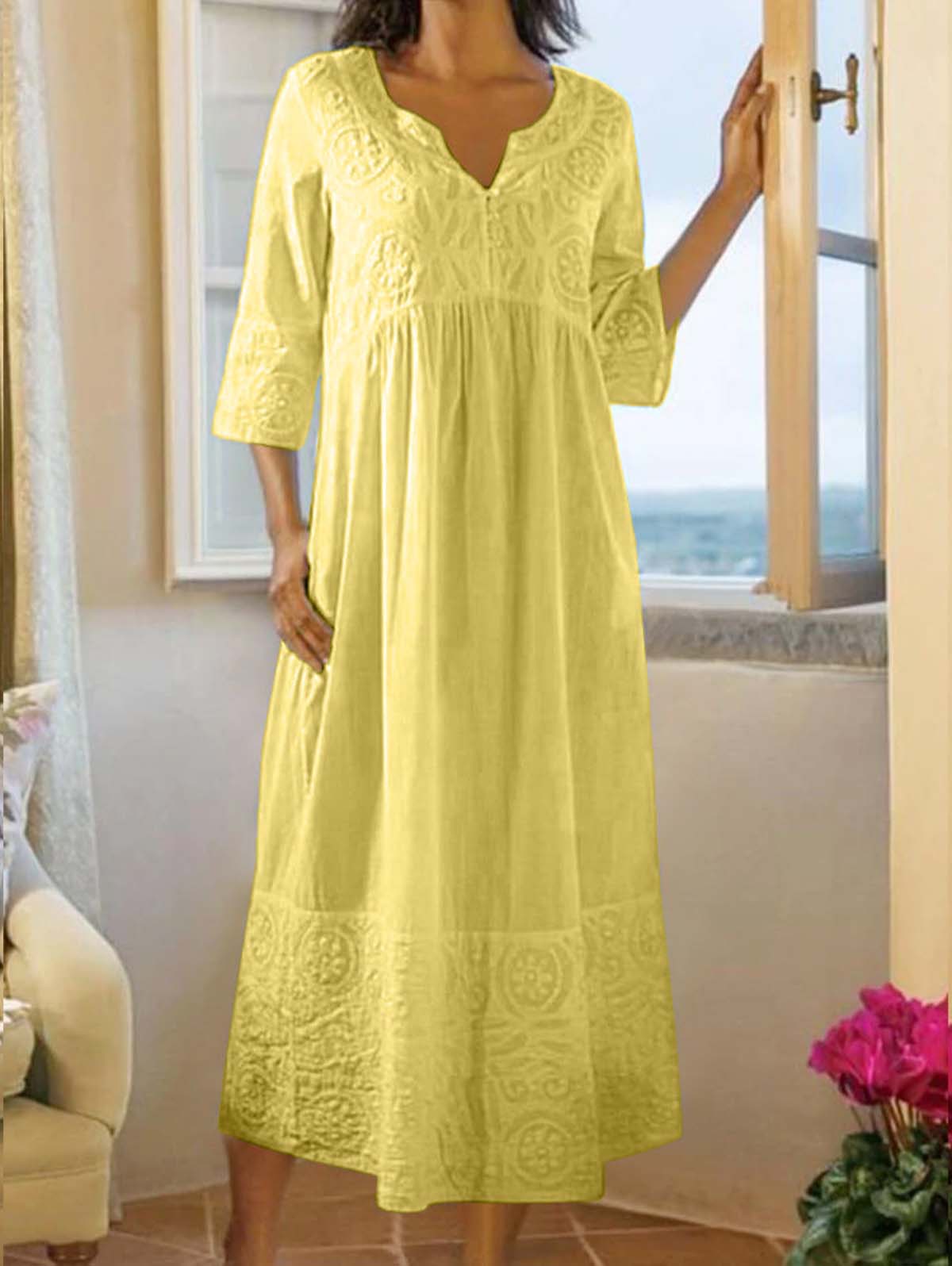 Fashion Retro Solid Color Casual Cotton Linen Loose Oversized Midi Dress