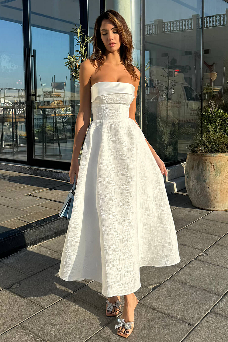 Strapless Cinch Waist Textured Elegant Gowns Maxi Dresses-White [Pre Order]