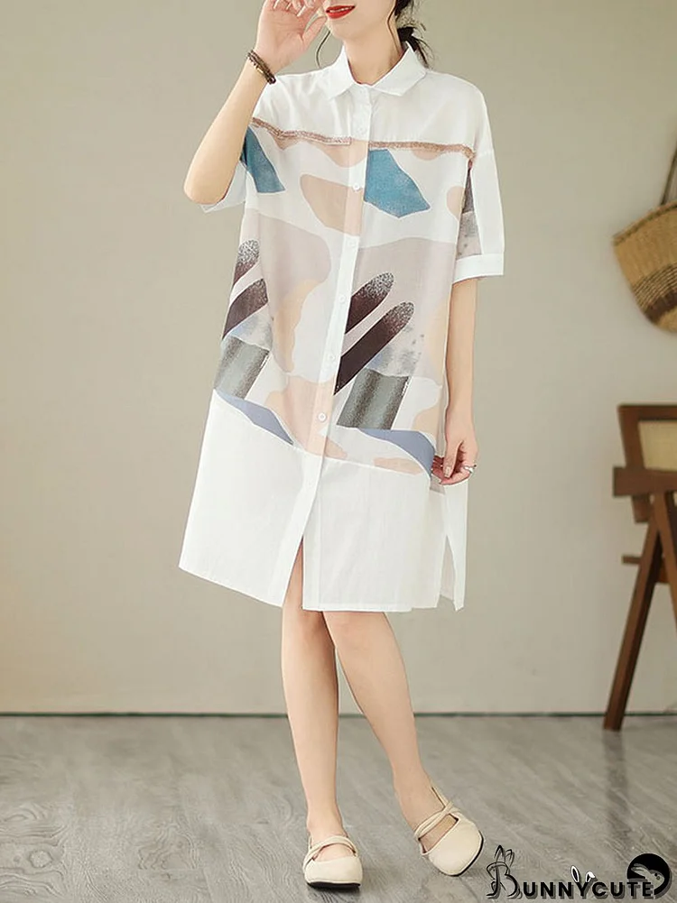 Loose Short Sleeves Printed Split-Joint Split-Side Lapel Midi Dresses