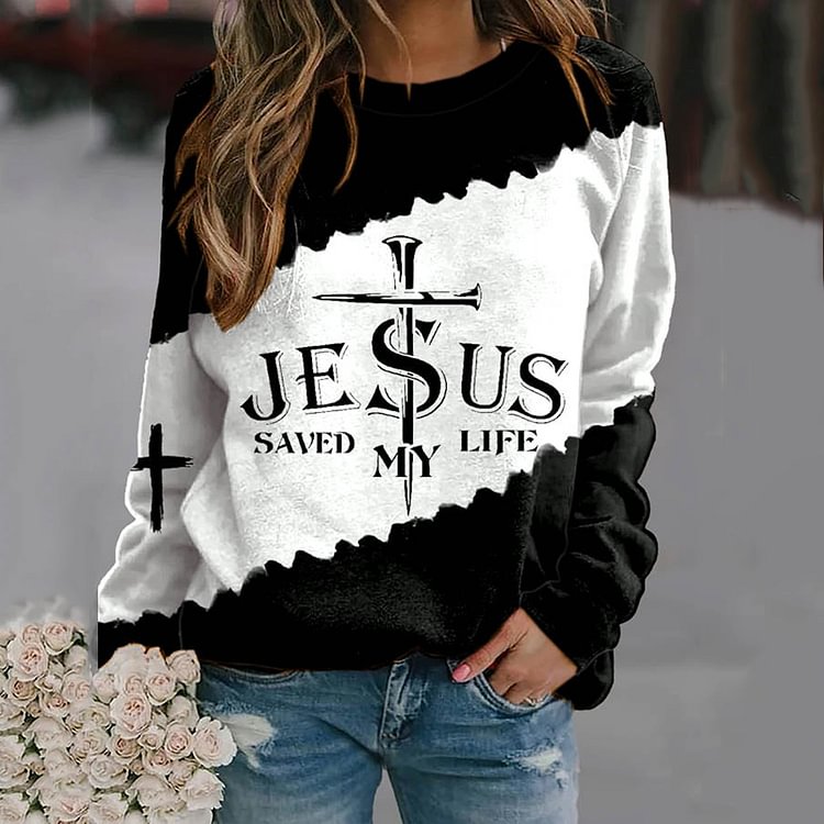 Comstylish Jesus Saved My Life Print Long Sleeve Casual Sweatshirt