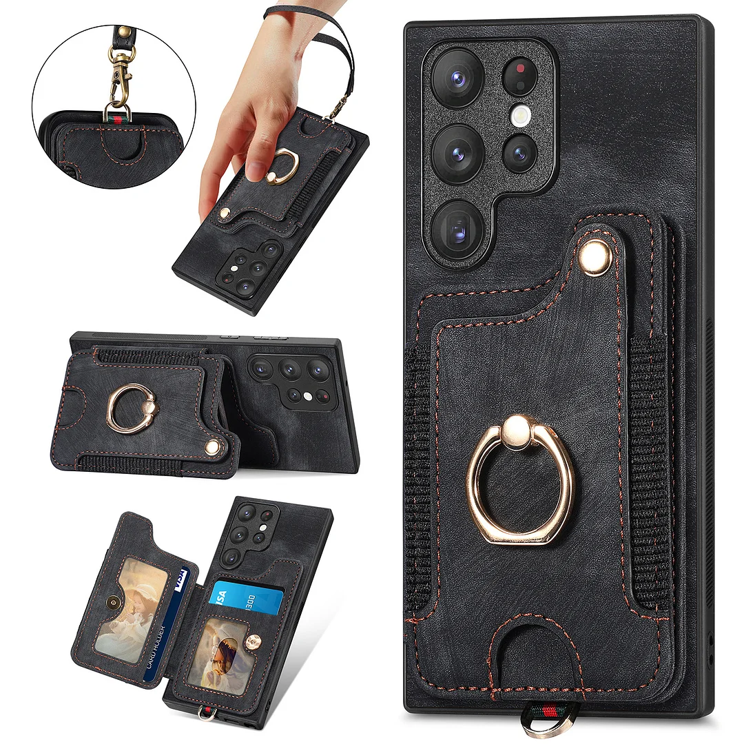 Luxury Retro Leather Phone Case With Elastic 3 Cards Wallet,Ring,Kickstand And Detachable Lanyard For Galaxy S22/S22+/S22 Ultra/S23/S23+/S23 Ultra/S24/S24 Plus/S24 Ultra