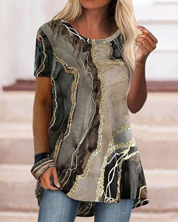 Casual Marble Print Crew Neck Short Sleeve Top - Chicaggo
