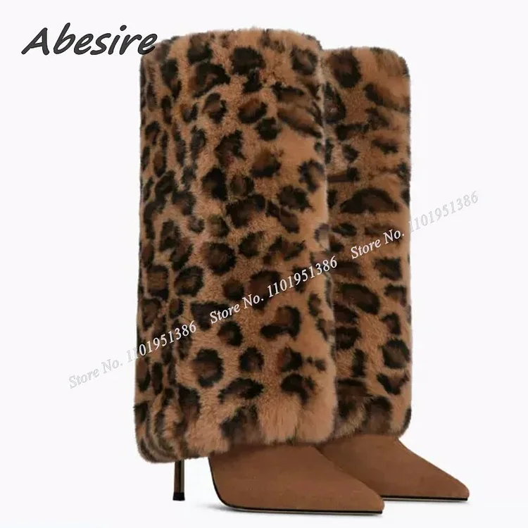 Brown Fur Decor Leopard Boots Mid Calf Shoes For Women Solid Stiletto Shark Botas Runway Shoes Zapatillas Mujer