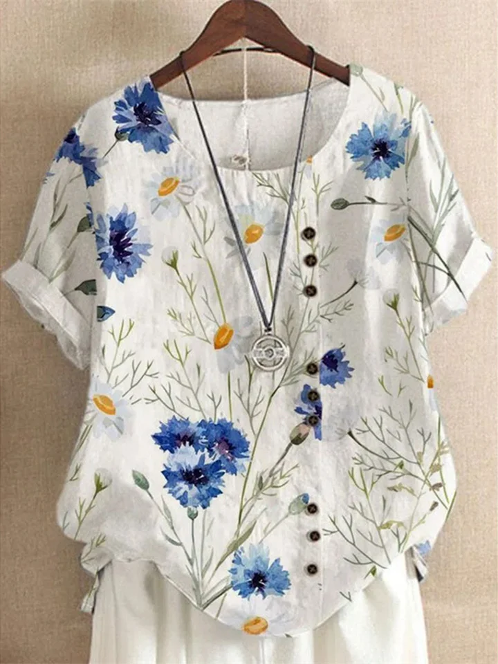 Women's Shirt Blouse White Light Green Royal Blue Floral Print Short Sleeve Casual Holiday Basic Round Neck Regular Floral S-JRSEE