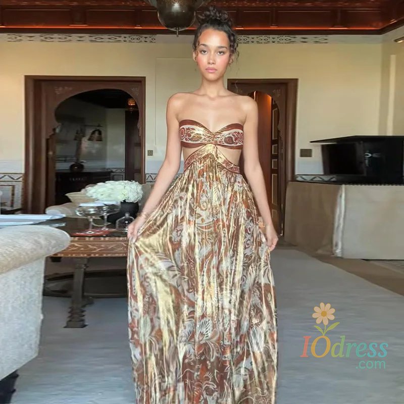 IO Dress Women Chic Mercerized Print Flower Strapless Long Dress Sexy Backless Pleated One-piece Maxi Dress Lady 2025 Beach Holiday Robes
