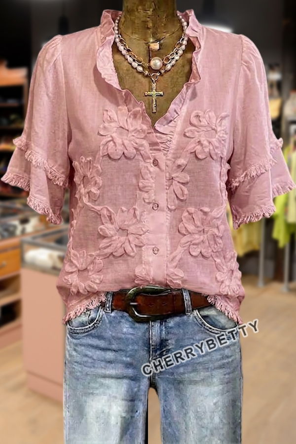 トップス philme flower jacquard blouse Feminine Flower Jacquard Ruffle Neck Frayed Hem Cotton Top