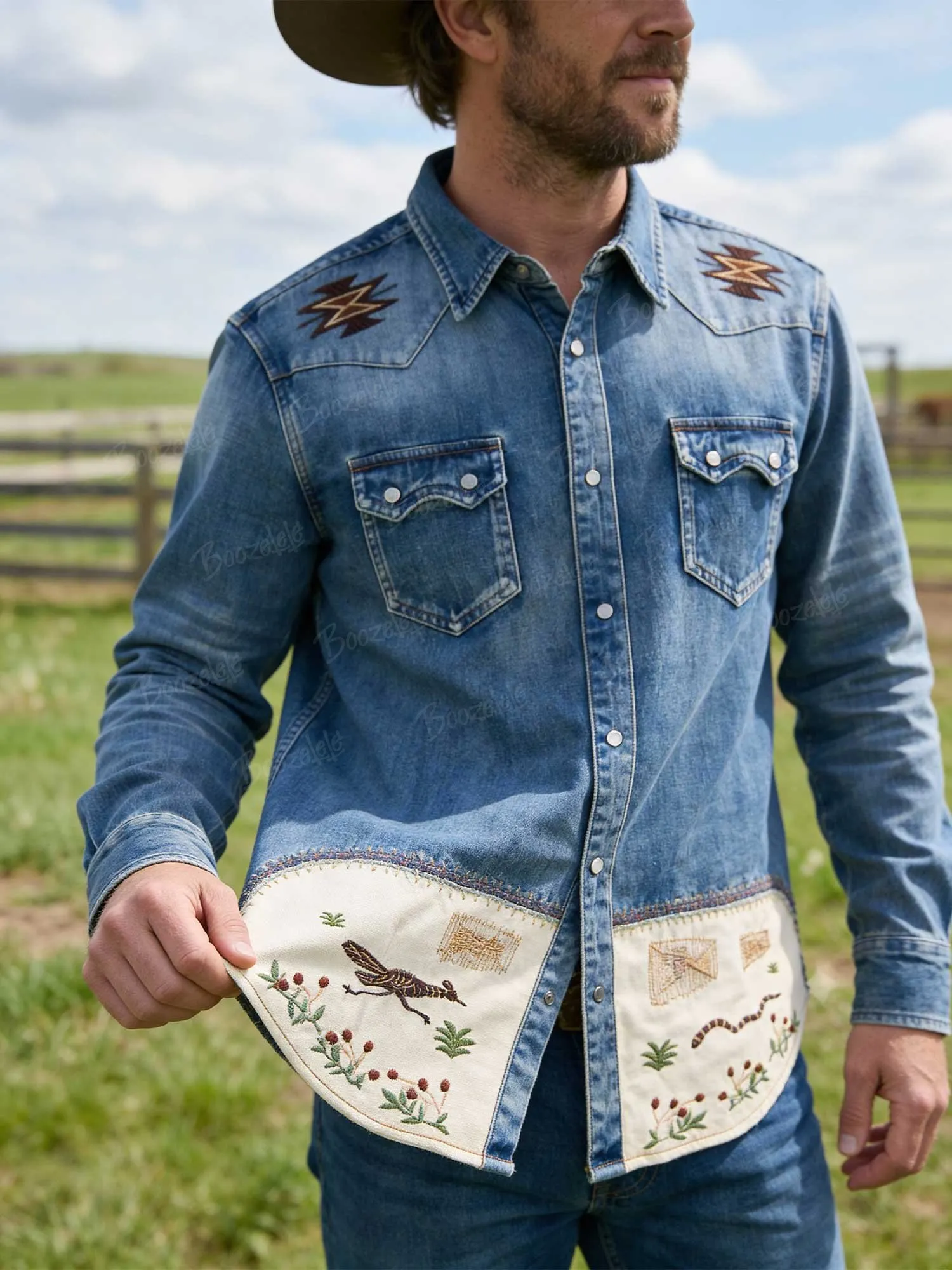 【Embroidery】Roadrunner Western Vintage Washed And Distressed Men'S Long-Sleeved Denim Shirt For 2026 Spring