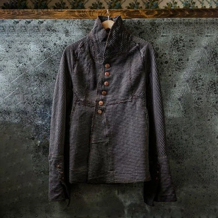 Vintage Cotton Linen Diagonal Front Button Striped Jacket