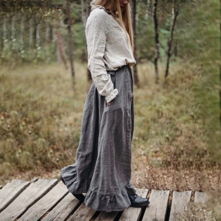 Elastic Waist Solid Color Flounce Pocket Comfy Linen Skirt