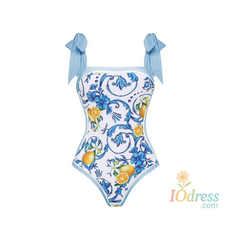IO Dress Flaxmaker Women Summer Push Up Bikini Set Swimwear Lemon Print Tie-shoulder One Piece Swimsuit Brazilian Beach Bathing Suit