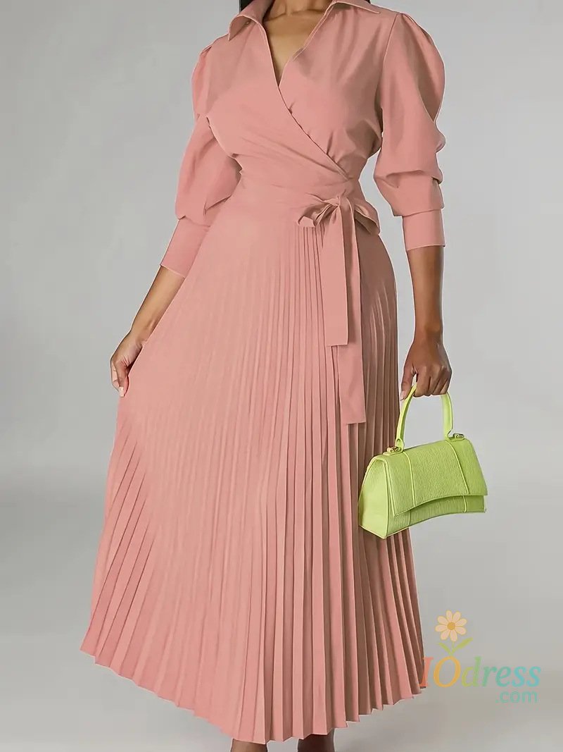 IO Dress 2025 New Women New Pleated Dress Elegant Collar Long Sleeve Lace-up Long Waist Long Skirt For Women Formal Style Dress