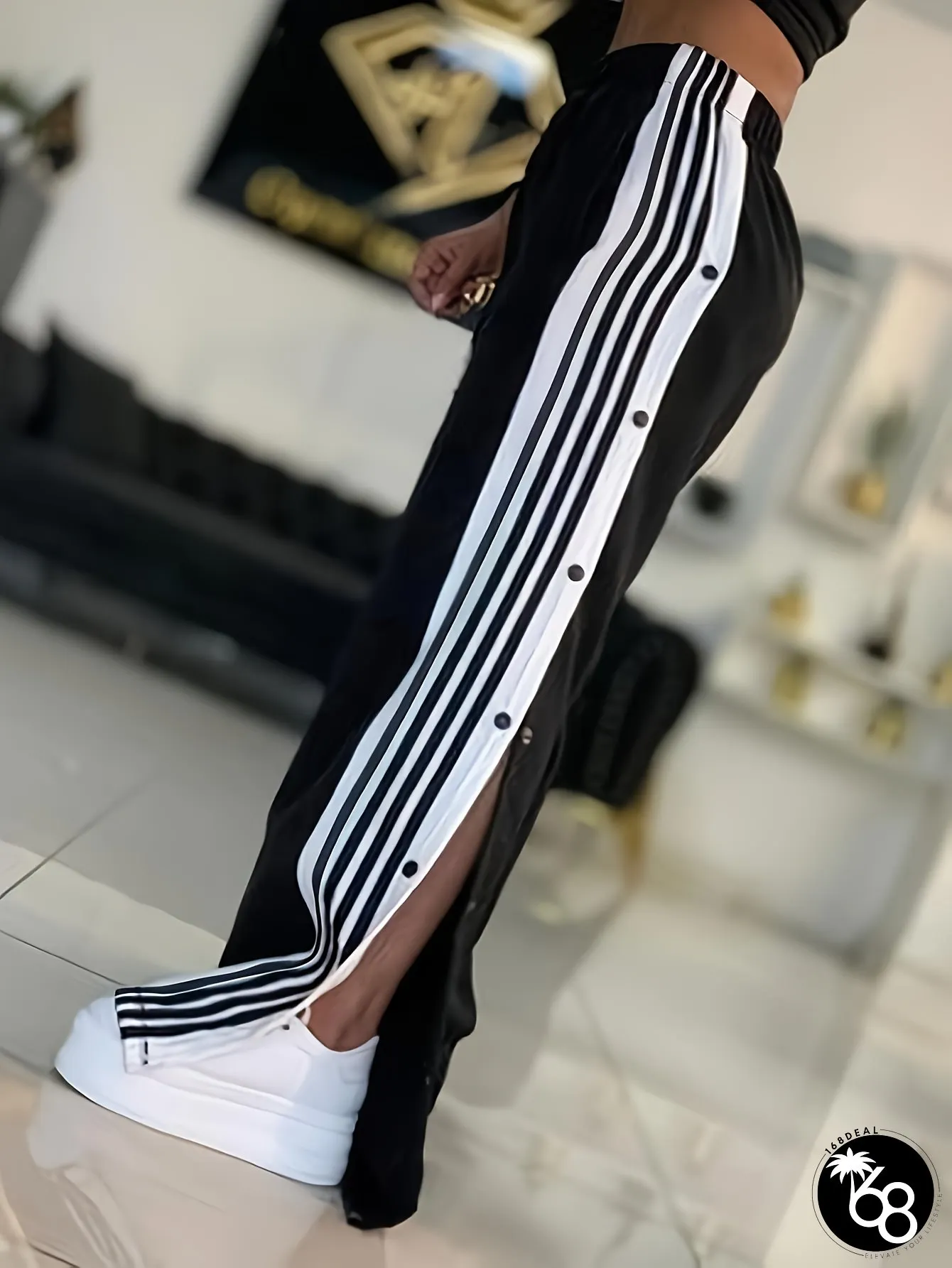 Womens Elegant Black White Striped Wide-Leg Joggers with Side Button Detail Elastic Waist | 168DEAL