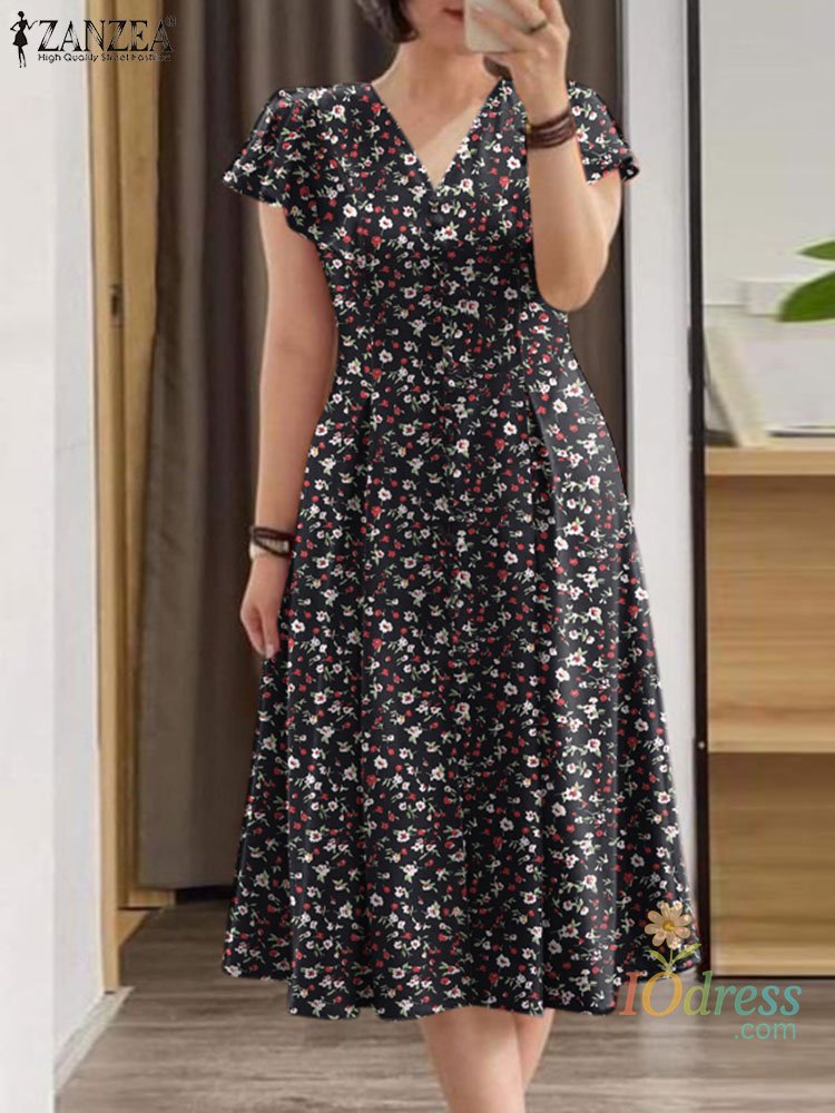 IO Dress Shop Summer Stylish Printed Sundress Elegant Slim Dress Woman Short Sleeve V-Neck Dresses Female Vintage Party Robe Oversized